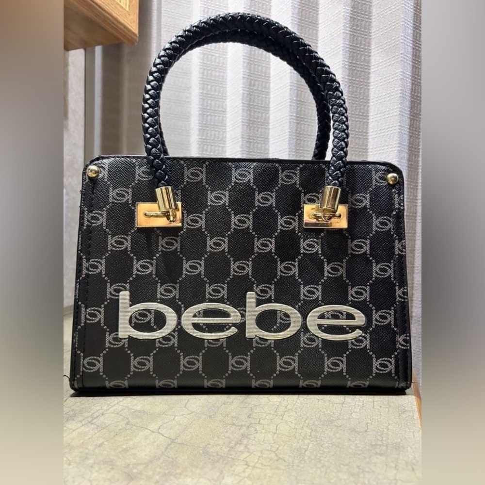 Bebe Black and Gold Satchel with Monogram and Braided Handles